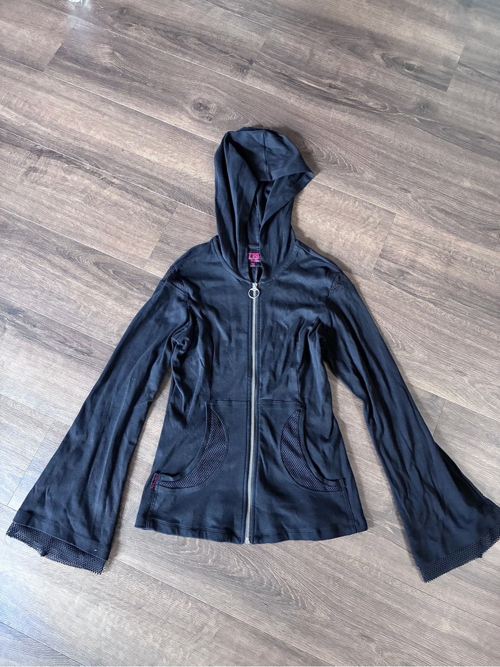 tripp nyc black mesh bell sleeve zip hoodie goth y2k alt size l